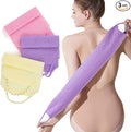 Silkyhose 3Pcs Dual-Sided Exfoliating Stretch Back Scrubber with Handles | Reusable Shower Essential. Deep Skin Cleansing. Textured Design. Soft, Gentle & Durable. 3 Colors: Beige, Pink, Purple.