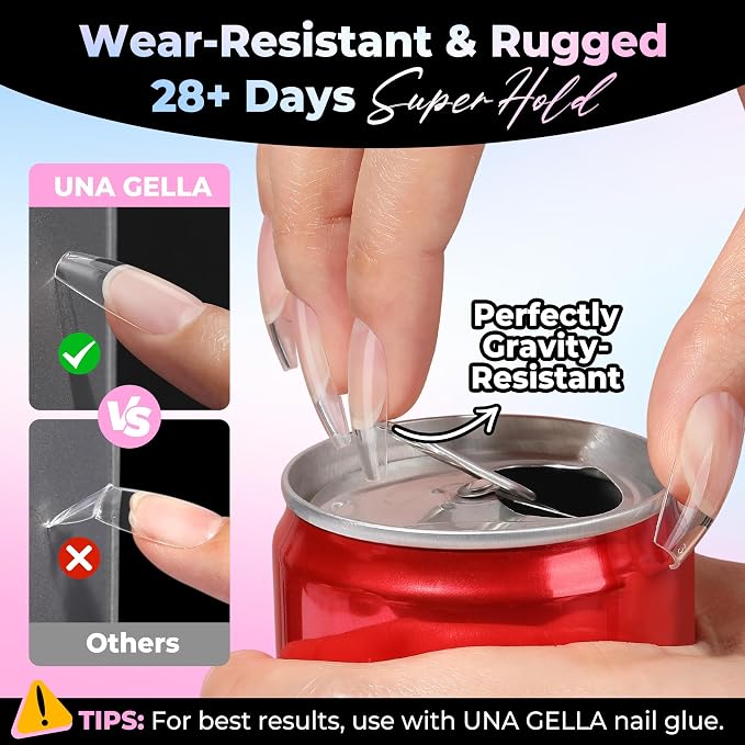 UNA GELLA Coffin Gel Nail Tips Medium Pre-Etched Full Cover 15 Sizes 300PCS | Easy DIY Salon Medium Coffin Press On Nails Snug Fit Clear False Acrylic Tips Extensions Long-Lasting Hold