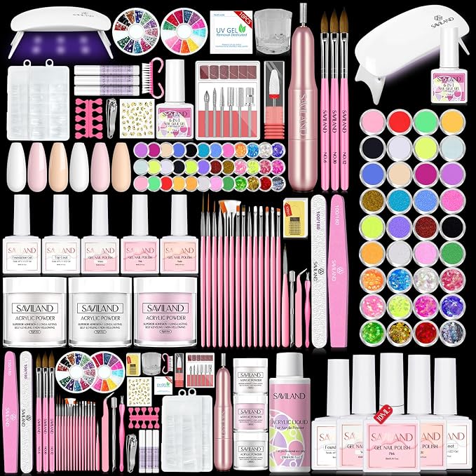 SAVILAND Professional Acrylic Nail Kit with Everything Nail Drill U V Lamp | Complete beginner kit, acrylic liquid, nail art brushes, glitter powder, nail tips, home DIY salon use, gift set