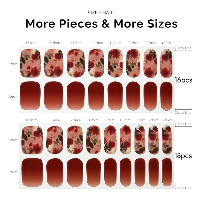 Semi Cured Gel Nail Strips - NAILOG 34 Pcs Gel Nail Stickers | Buy 2 Get 1 UV Light | Extra Long Nail Wraps with Glossy Gel Finishing Reddish Brown, Wildflowers