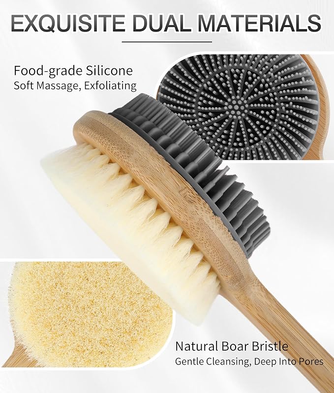 Back Scrubber for Shower - Double-Sided Silicone and Super-Dense Bristles for Deep Cleaning & Exfoliation, Bamboo Long Handle with Wider Anti-Slip Grip, Rich Foam, Durable (Grey)
