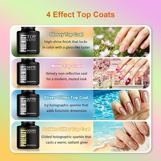 phoenixy 30pcs Gel Nail Polish Set - 24 Colors Gel Polish Set with 2pcs Base & 4 Effects Top Coat Glitter Pink White Black Red Purple Blue Yellow Green Uv Gel Colors DIY Gifts for Women Girls PCG9007