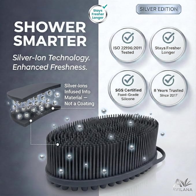 Avilana Silver Edition Body Scrubber - Silver-Ion Infused Silicone Shower Brush, ISO Tested Dual Sided, Stays Fresher Longer, SGS Certified Gentle Exfoliating Loofah Alternative Sensitive Skin Women
