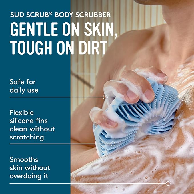 Sud Scrub® Antimicrobial Silicone Body Scrubber, Exfoliating Body Brush for Sensitive Skin, Antibacterial Shower Scrubber for Body, Bathroom Essentials for Men & Women, Blue