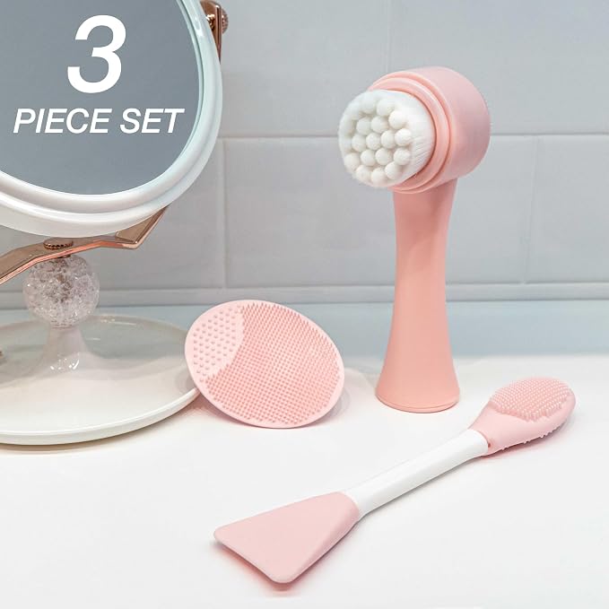 3pc Facial Cleansing & Exfoliating Set - Complete Face Cleanser Collection | Gentle Exfoliating Scrub, Cleansing Brush & Face Wash. Skincare Kit for All Skin Types & Women