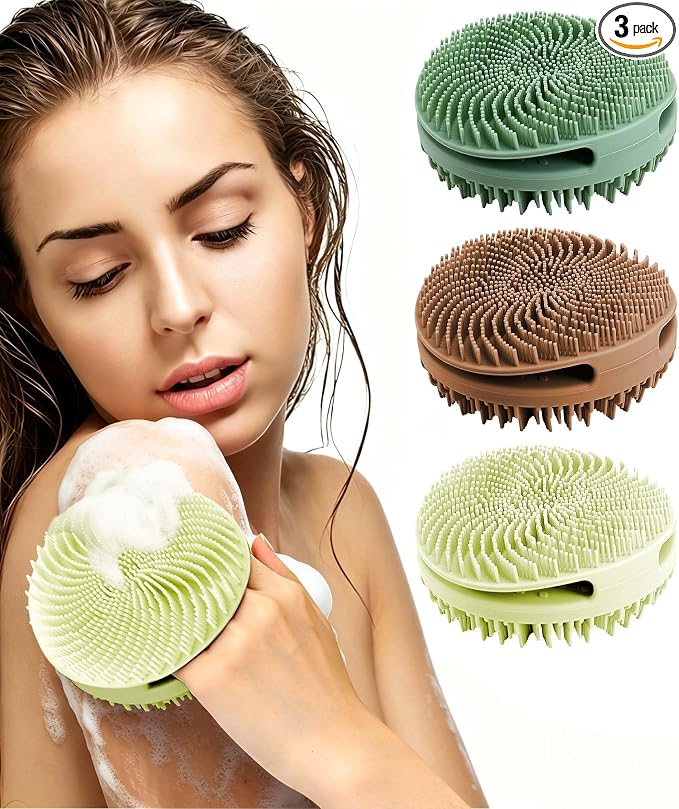 3 Pack Silicone Shower Brush, Dual-Sided Exfoliating Body Scrubber for Women Men, Gentle Bath Brush for All Skin Types with Rich Foaming