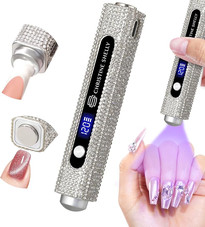 UV Nail Lamp, 3 in 1 Handheld UV Light for Gel Nails, Flash Cure Nail Lamp | Cat Eye Magnet | Cordless | 3W | Type-C | 400mAh | Full Rhinestone Covered | Mini Size | Easy to Carry | White Diamond