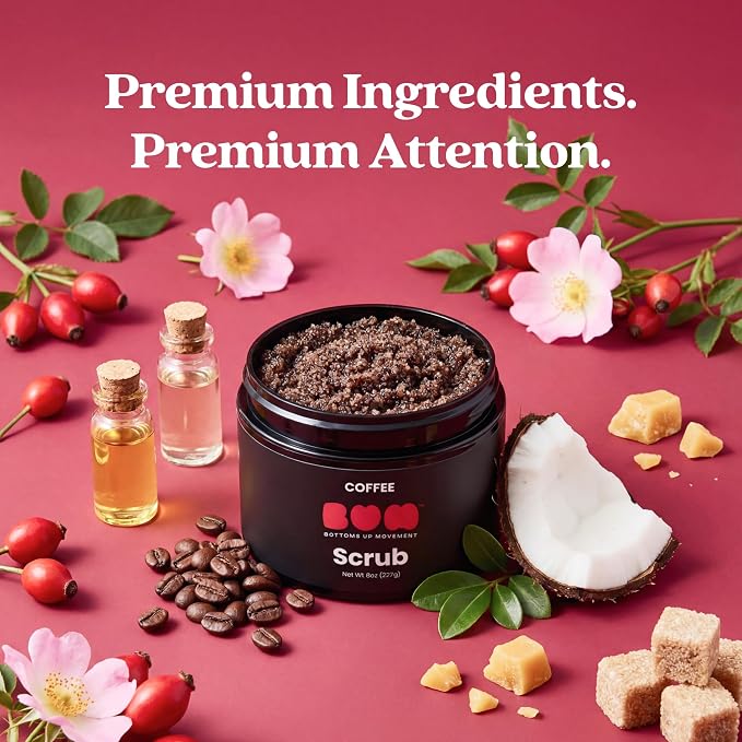 BUM Coffee Sugar Scrub for Body - Coffee Scrub Body Exfoliator with Organic Shea, Coconut Oil, Rosehip, Vitamin E & Jojoba - Moisturizing, Seductively Scented & Subtly Flavored Exfoliant (8 oz)