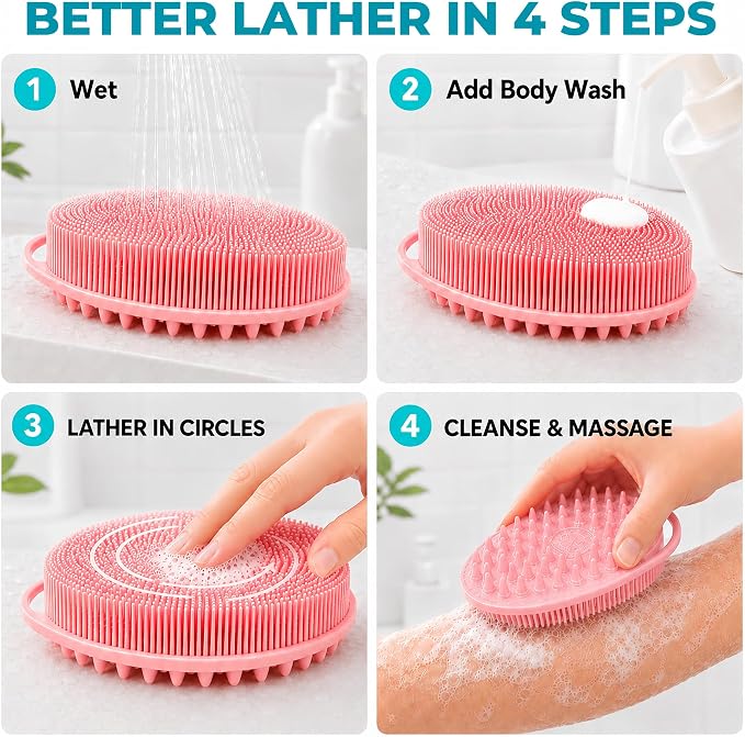 2 Pack Silicone Body Scrubber, Loofah Double-Sided Body Brush,Shower Scrubber and Scalp Massager Shampoo Brush for Sensitive Kids Women Men All Kinds of Skin (Black & Pink)