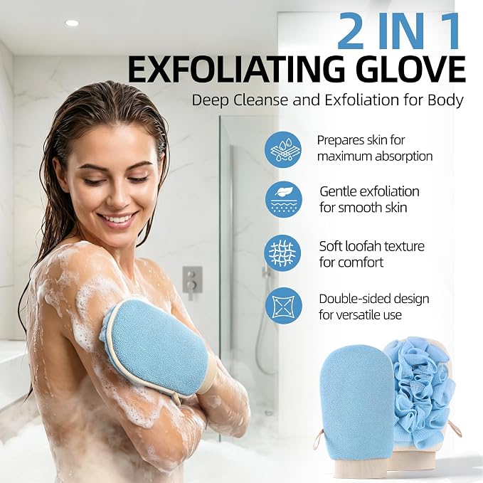 2-in-1 Exfoliating Glove for Self Tan Removal & Daily Shower | Dual-Sided Korean Body Scrubber Mitt with Loofah Sponge, Dead Skin Remover for KP, Ingrown Hair & Smooth Skin
