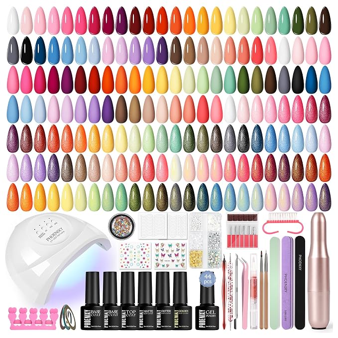 phoenixy 86Pcs Gel Nail Polish Kit with U V Light and Nail Drill, 44 Color Gel Polish Starter Kit with 6pcs Top Base Coat Manicure Tools Complete Nail Set Gifts for Women