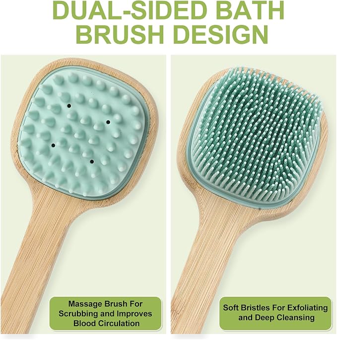 Silicone Back Scrubber for Shower, 2 PCS Silicone Bath Body Brush Loofah with Long Handle, Dual-Sided Shower Brush for Body, Exfoliating Body Scrubber Back Washer for Men Women(Lake Blue +Green)