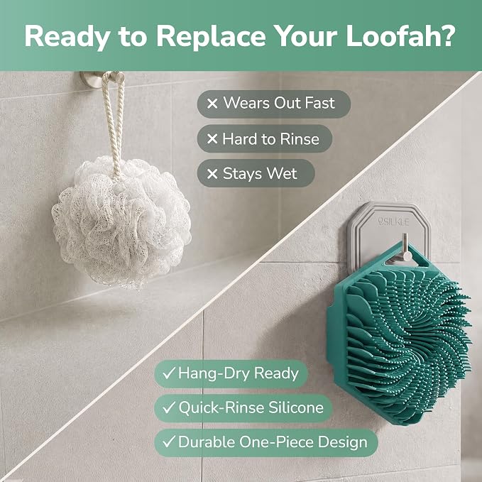 SILKLE Silicone Body Scrubber Exfoliator, Shower Scrubber & Silicone Loofah | Exfoliating Body Scrubber, Non-Slip Grip - Silicone Bath Brush & Shower Brush for Body, Quick-Rinse One-Piece Design - Green