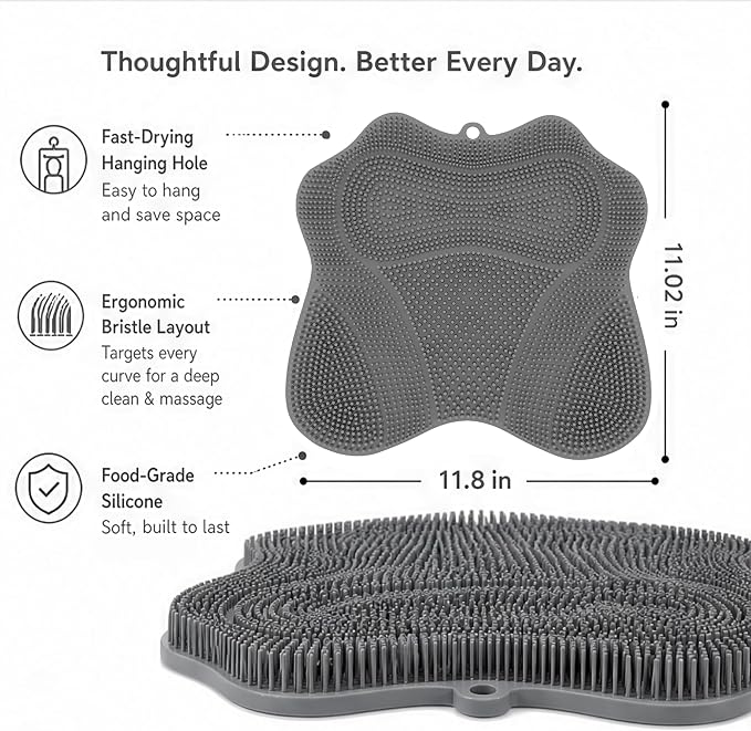 Silicone Shower Foot Scrubber Mat, Dual-Sided, 11.8 x 11 in, 1 Pack | Foot Scrubber in Shower for Deep Cleaning & Exfoliation. Wall-Mounted or floor use with suction cups for feet and back.