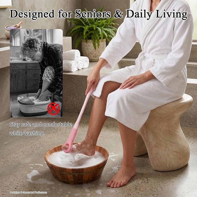 2 Pack Toe Cleaning Brush with 15.7" Long Handle, Silicone Foot Scrubber & Exfoliating Anti-Itch Brush for Bath & Feet, No-Bend Long Reach Feet Cleaner for Seniors & Daily Living (Pink)