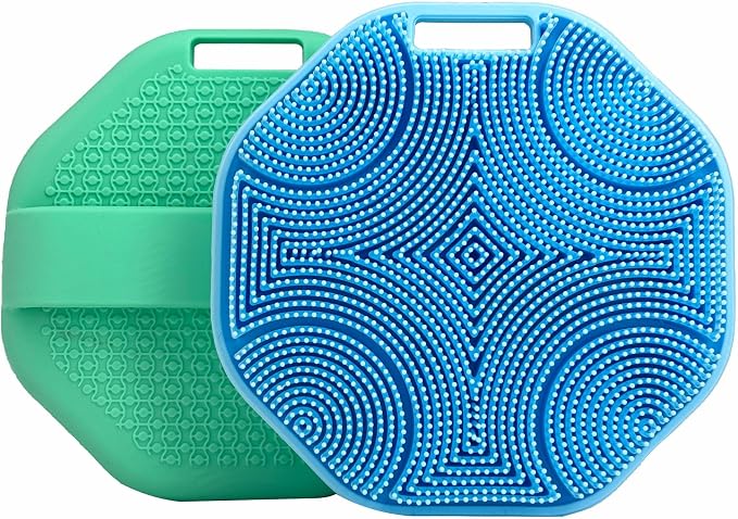 Silicone Body Scrubber 2-Pack, Shower Scrubber with Soft Bristles | 100% Silicone, Soft Bristles, Hole for Hanging, Anti-Slip Strap, Gentle Exfoliating, Lather Well, Sensitive-skin safe