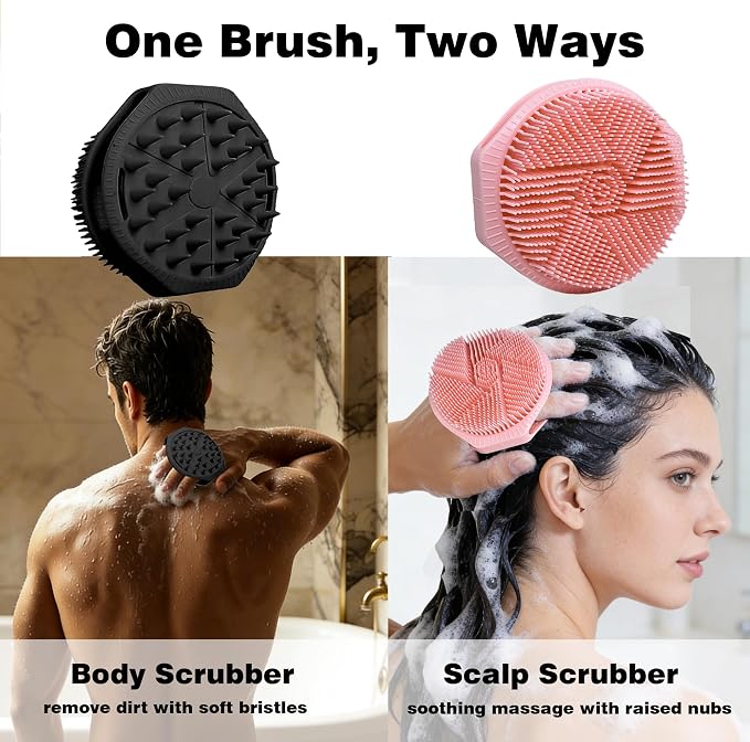 Silicone Body Scrubber for Men Women, Dual-Sided Bath Brushes Gentle Exfoliating Body Scrubber Scalp Massager for Deep Cleansing, Soft Silicone Loofah Body Washing Brushes (Black+Pink)
