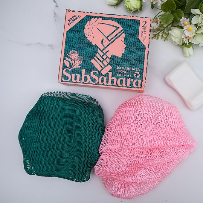 SubSahara Authentic African Net Sponge, 2 Pack 45-Inch Exfoliating Bath Sponge and Shower Loofah for Body and Back, Colorfast Quick-Dry Knotted Mesh Scrubber with Travel Pouch (Ligh Pink & Teal)