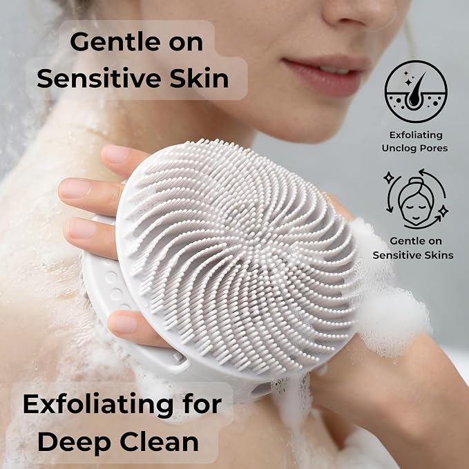 Travel Essential TSA Approved Silicone Body Scrubber & Squeeze Bottle Set | Silver-Infused Dual-Sided Body Brush & Facial Pad for Sensitive Skin, Gentle Exfoliating with TSA Bottles & Travel Bag