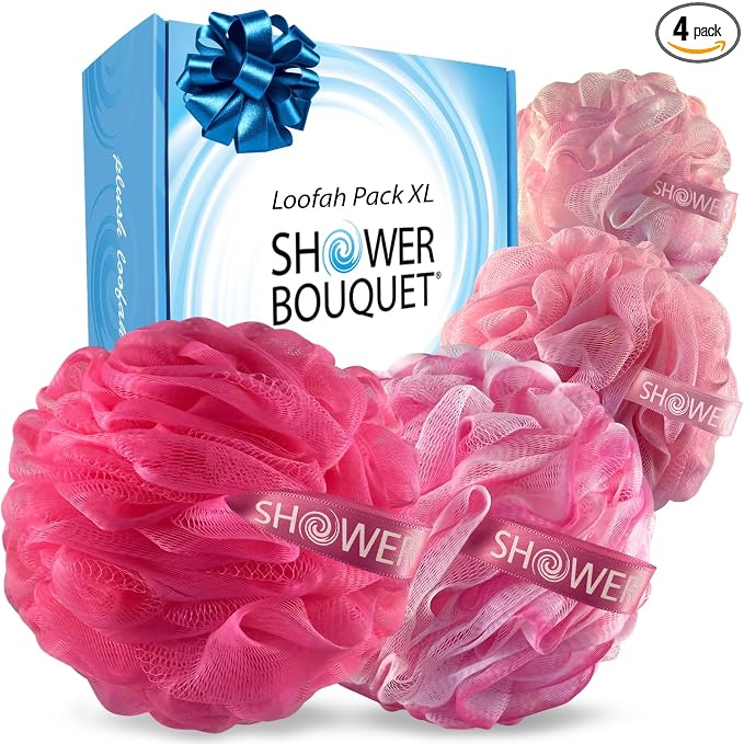 SHOWER BOUQUET Pink-Loofah Bath-Sponge XL 4-Pack // Extra Large 75g | Soft Mesh Pink Luffa Loufa Loofa Puff Set, Exfoliating Body Scrubber Lufas for Women and Men Face & Body Shower Loofah Sponge