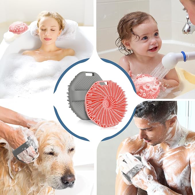 Silicone Body Scrubber, 2 PCS Exfoliating Body Scrubber, Silicone Loofah Bath Brush with Hand Strap, No-Slip Silicones Body Wash Brush Body Scrubbers Shower Cleaning for All Skin Types (Grey & Pink)