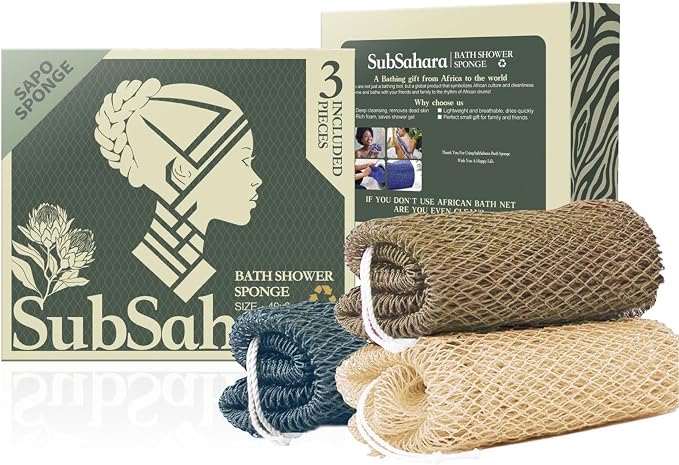 SubSahara Authentic African Net Sponge, 3 Pack 45-Inch Exfoliating Bath Sponge and Shower Loofah for Body and Back, Colorfast Quick-Dry Knotted Mesh Scrubber with Travel Pouch