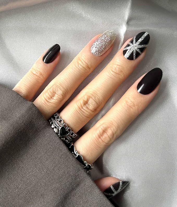 Nail Polish Strips - No UV Lamp Needed (Saint Black Glitter) | 22 Pcs Salon Quality Gel Nail Stickers - Long Lasting Wraps Easy Application and Removal