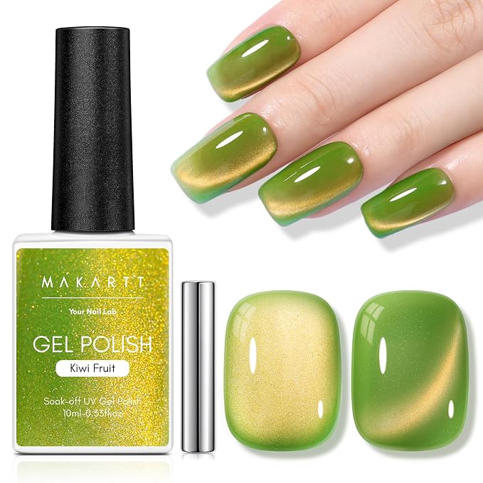 Makartt Cat Eye Gel Nail Polish - 10ml Premium Holographic Magnetic Gel with Magnet Stick, Shimmery Galaxy Effect, Long-Lasting Soak Off UV for Salon & Home DIY - Kiwi Green