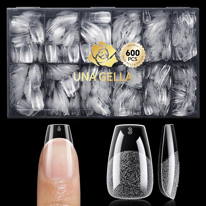 UNA GELLA 600Pcs Short Coffin Nail Tips, Short Coffin Press On Nails | Pre Etched 12 Sizes Soft Gel Fake Nails Tips Full Cover for Nail Extension DIY Salon at Home