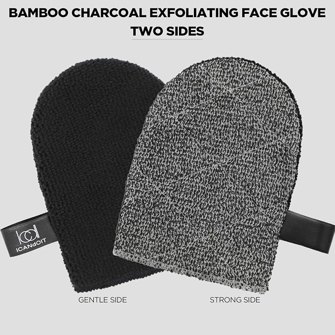 ICANdOIT Exfoliation Set-17.71 Inch Boar Bristles Back Scrubber Bath Brush,Shower Brush with No-Slip Curved Handle,Dual-Sided Face Exfoliation Glove