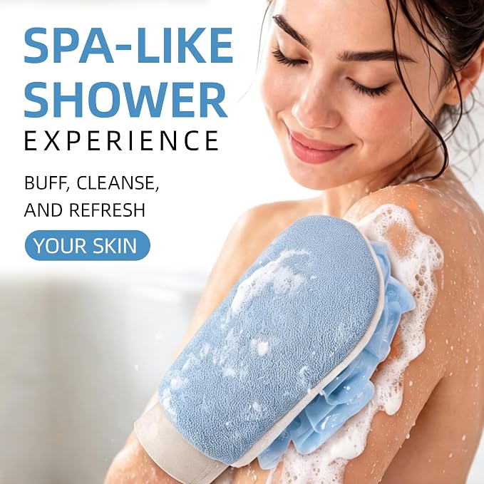 2-in-1 Exfoliating Glove for Self Tan Removal & Daily Shower | Dual-Sided Korean Body Scrubber Mitt with Loofah Sponge, Dead Skin Remover for KP, Ingrown Hair & Smooth Skin