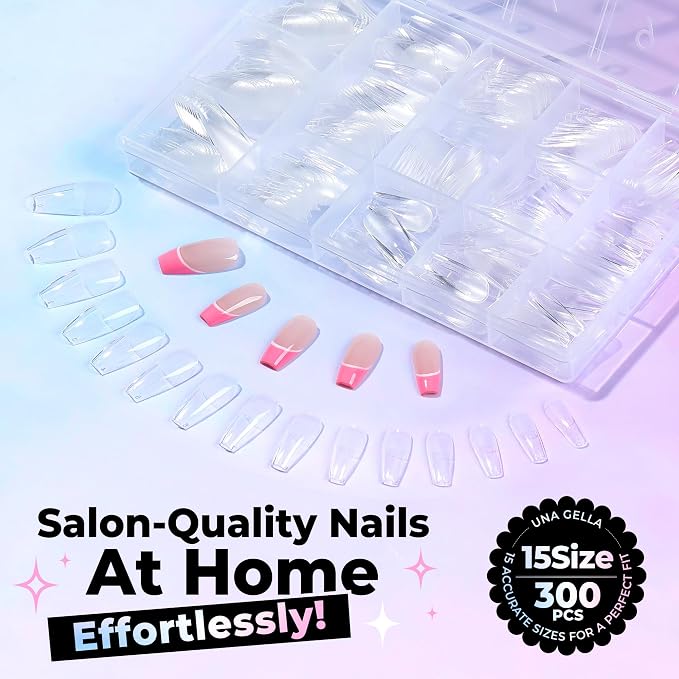 UNA GELLA Coffin Gel Nail Tips Medium Pre-Etched Full Cover 15 Sizes 300PCS | Easy DIY Salon Medium Coffin Press On Nails Snug Fit Clear False Acrylic Tips Extensions Long-Lasting Hold