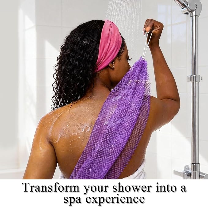 SubSahara Authentic African Net Sponge, 4 Pack 45-Inch Exfoliating Bath Sponge and Shower Loofah for Body and Back, Colorfast Quick-Dry Knotted Mesh Scrubber with Travel Pouch