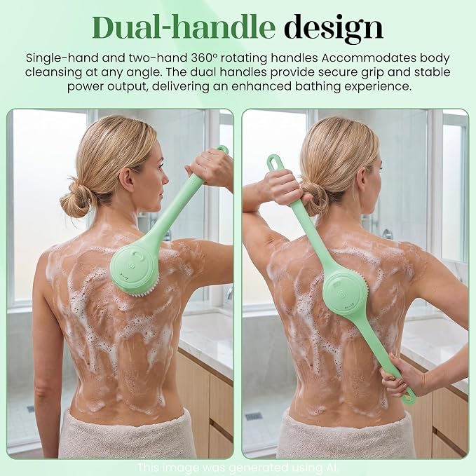 Electric Body Brush Back Scrubber for Shower，5 Replaceable Heads and Hook,Waterproof Long Dual Handle Power Body Scrubber 2 Speeds, for Cleansing Body, Exfoliating and Massaging Skin.