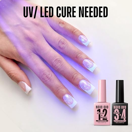 NOVO OVO UV Nail Glue (Also Work as Builder Gel) and Top Coat (with Cat Eye Effect) Kit, Hema TPO Free, Super Strong Adhesive for Press on Acrylic Nails, CatEye Gel Glitter Polish, Magnet Included