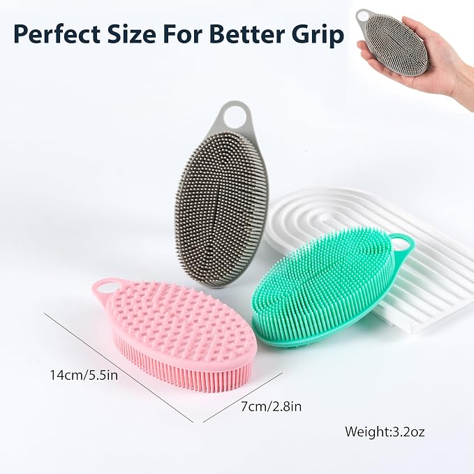 MtBoi 2 Pack Silicone Exfoliating Body Scrubber, Soft Silicone Loofah for Sensitive Skin, 2-in-1 Body Brush & Shower Head Massager, Easy to Clean, Rich Lather (Gray&Pink)