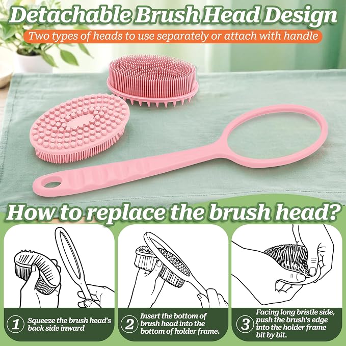 Silicone Back Scrubber for Shower, Gentle Shower Scrubber for Lathering, Softe Silicone Loofah with Two Replaceable Brush Heads, Good for Kids, Sensitive Skin(Pink-Two Heads)