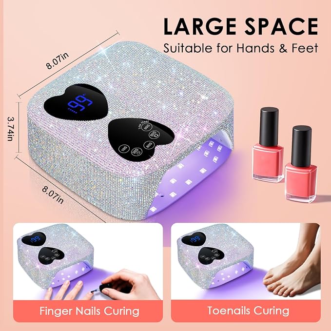 UV LED Nail Lamp Cordless, HUITINE 80W Rechargeable UV Light for Gel Nails | Professional Gel Light Dryer with 5 Timers & Mirror Base, Sparkling Rhinestones Diamond Curing Lamp for Salon & Home