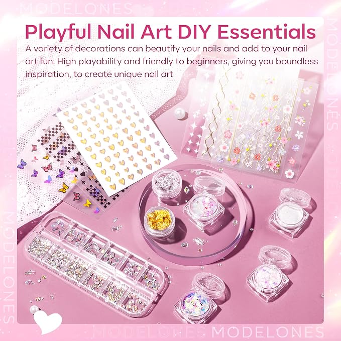 Modelones Poly Nail Gel Kit 8 Colors Rosy Pink with 48W UV/LED Lamp | Nail Extension Gel Complete Nail Art Tools Professional Starter Manicure Kit Supplies Rhinestone Glitters DIY at Home
