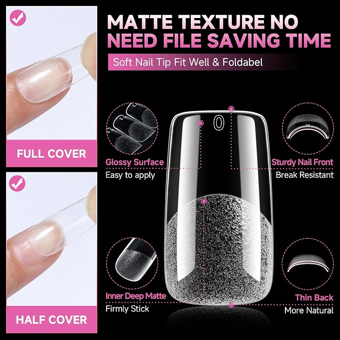 UNA GELLA Medium Square Nail Tips Fake Gel Nails 120pcs Pre-buff Matte | Square Full Cover False Nail Tips Clear Acrylic Nails No C Curve Tips for Press on Nail Extensions Home DIY Salon 12 Sizes