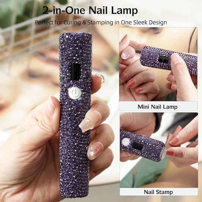 Handheld UV Nail Lamp with Sparkly Rhinestones Purple | 3W Portable LED Nail Lamp, Wireless Rechargeable USB Nail Dryer with Silicone Stamper, LCD Display, for Home DIY Manicures