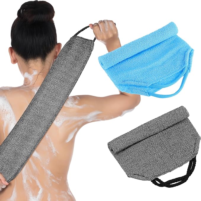 COMNICO 2pcs Exfoliating Back Scrubber, Nylon Shower Bath Exfoliator Extended Length Body Scrub Towel Stretchable Pull Korean Washcloth Strap with Handles(Blue + Gray)