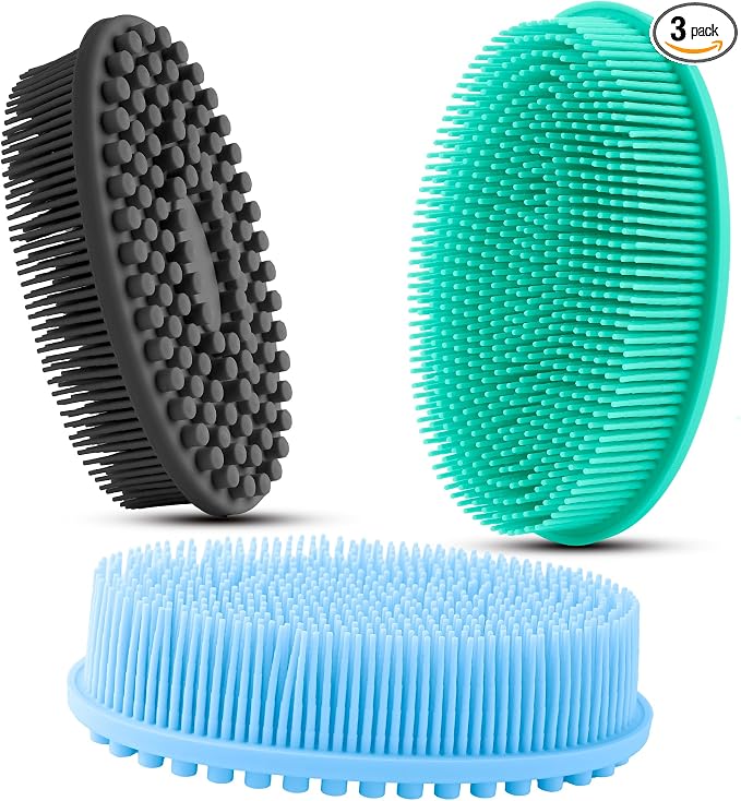 3 Pack Silicone Body Scrubber, Soft Silicone Loofah Exfoliating Body Scrubber, Silicone Body Brush Bath Shower Scrubber for Body, 2 in 1 Bath and Shampoo Wash Brush for Skin Exfoliation Men Women