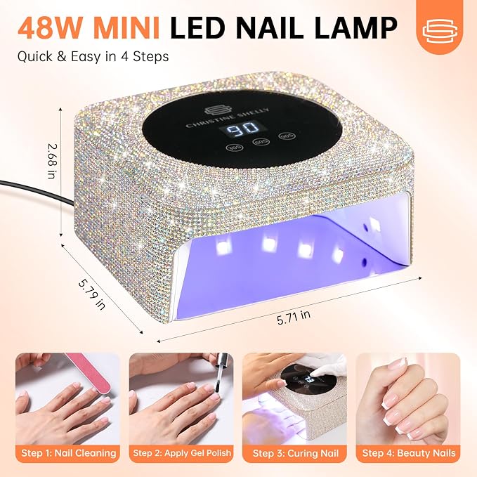 UV Light for Nails, Mini UV Nail Lamp with Auto Sensor Gel Nail Lamp | 48W | Travel Mini Size | 3 Timers | Rhinestone | Plug-in | Fast & even curing | DIY Manicure Nail School | AB Diamond