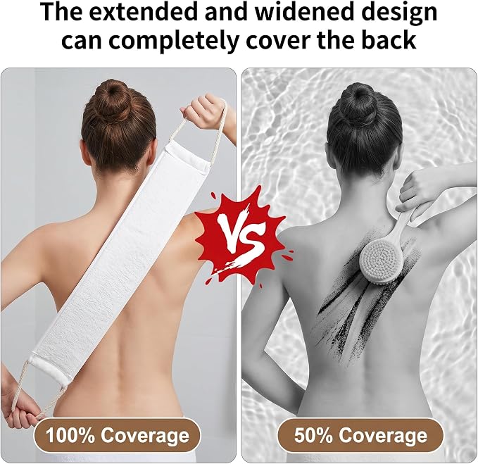 Back Scrubber, Natural Loofah Shower Strap with Oval Bath Pads Set | Long Handle Back Access, Natural Fibre Texture, Oval Wash Pads, Shower Use, Home And Travel Convenience