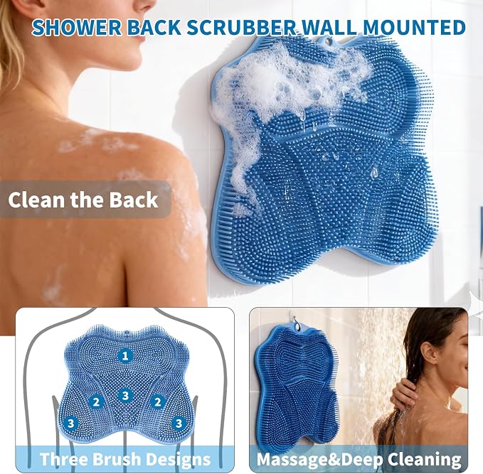 Show Foot Scrubber Mat & Silicone Back Scrubber with Butterfly Form Design,3 Brush Designs for Deep Cleaning Shower Foot Scrubber Mat, Wall Mounted Back Scrubber Silicone Bath(Blue)
