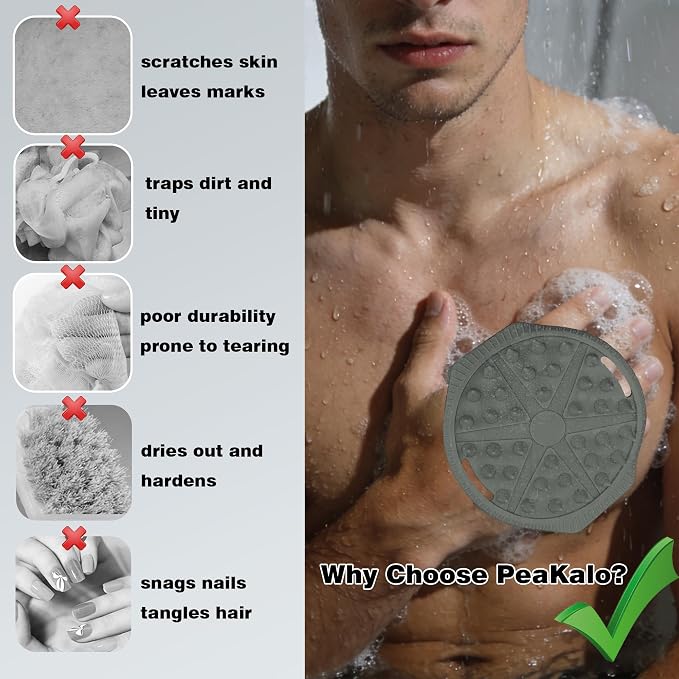Silicone Body Scrubber for Men Women, Dual-Sided Bath Brushes Gentle Exfoliating Body Scrubber Scalp Massager for Deep Cleansing, Soft Silicone Loofah Body Washing Brushes (Gray+Green)