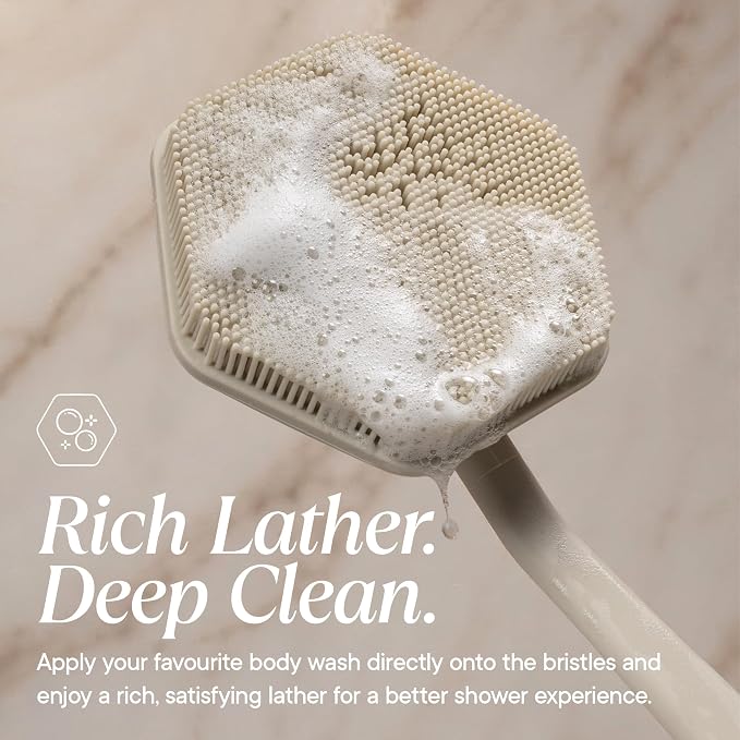 TOOLETRIES Silicone Back Scrubber for Shower with Hook - Sand | Long ergonomic bath brush with a non-slip grip for exfoliating and reaching hard-to-reach areas comfortably.