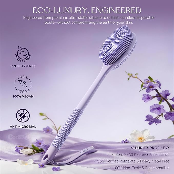 CORATED Silicone Back Scrubber for Shower, Exfoliating Body Scrubber with Long Handle, 2‑in‑1 Body Brush for Women & Men Daily Use, Loofah Alternative Bath Accessories