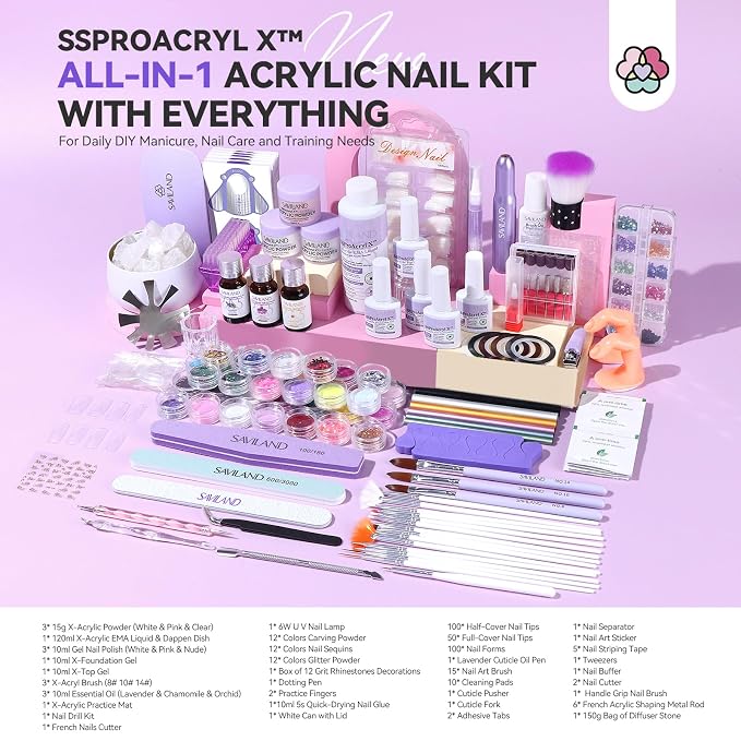 SAVILAND Professional Acrylic Nail Kit: Acrylic Nail Set KIt for Beginners with Everything Nail Tranning Mat Nail Art Brush Nail Drill Nail Polish with Dryer for Nail Extension Carving